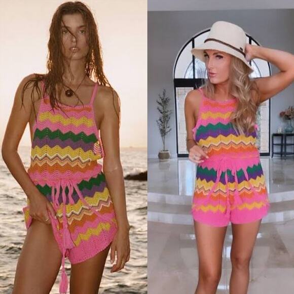 SPELL Ziggy Sleeveless Crochet Romper in Sorbet Stripes Size XL - Picture 10 of 10